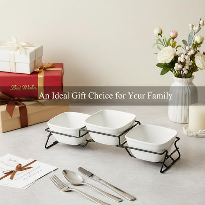 ZENFUN 10 oz Square Bowl Chip & Dip Serving Set, Pocelain Ramekin Bowls with Metal Rack Stand, White Small Serving Dishes, Condiment Serving Tray for Entertaining, Party, Buffets, Christmas