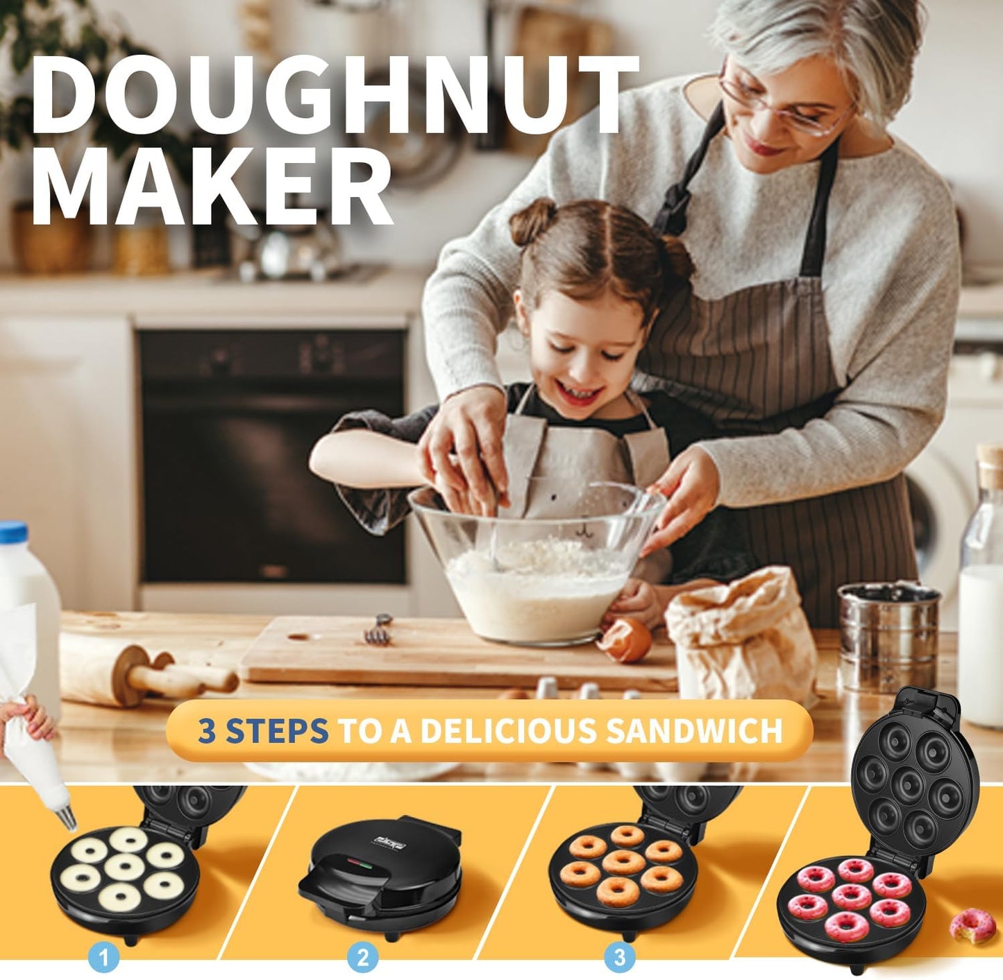 DSP Mini Donut Maker, Non-Stick Electric Doughnut Machine for Mini Donuts, Perfect for Breakfast and Snacks