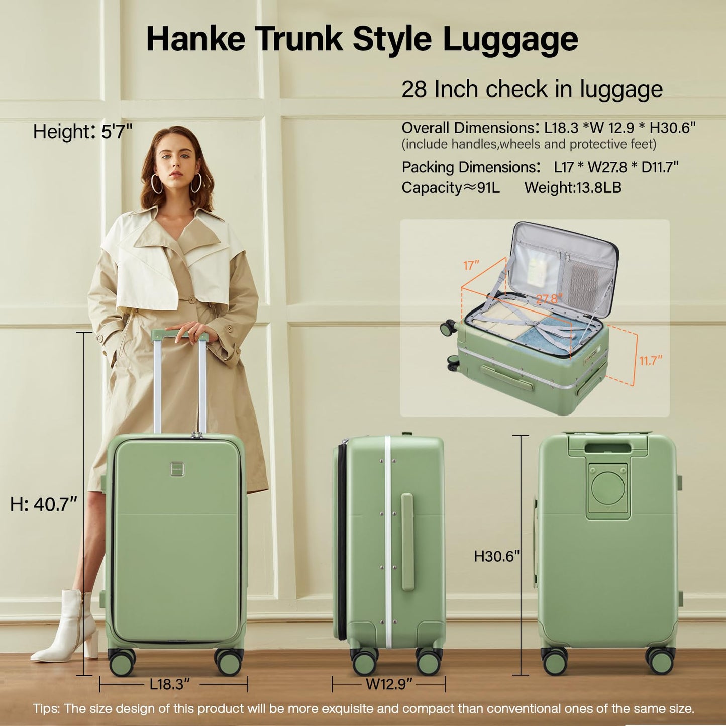 Hanke 28 Inch Checked Luggage with Cup Holder and USB Ports, Top Opening Hard Shell Suitcase with Wheels, Aluminum Frame Large Trunk Luggage with Foldable Divider & TSA Lock for Travel, Bamboo Green