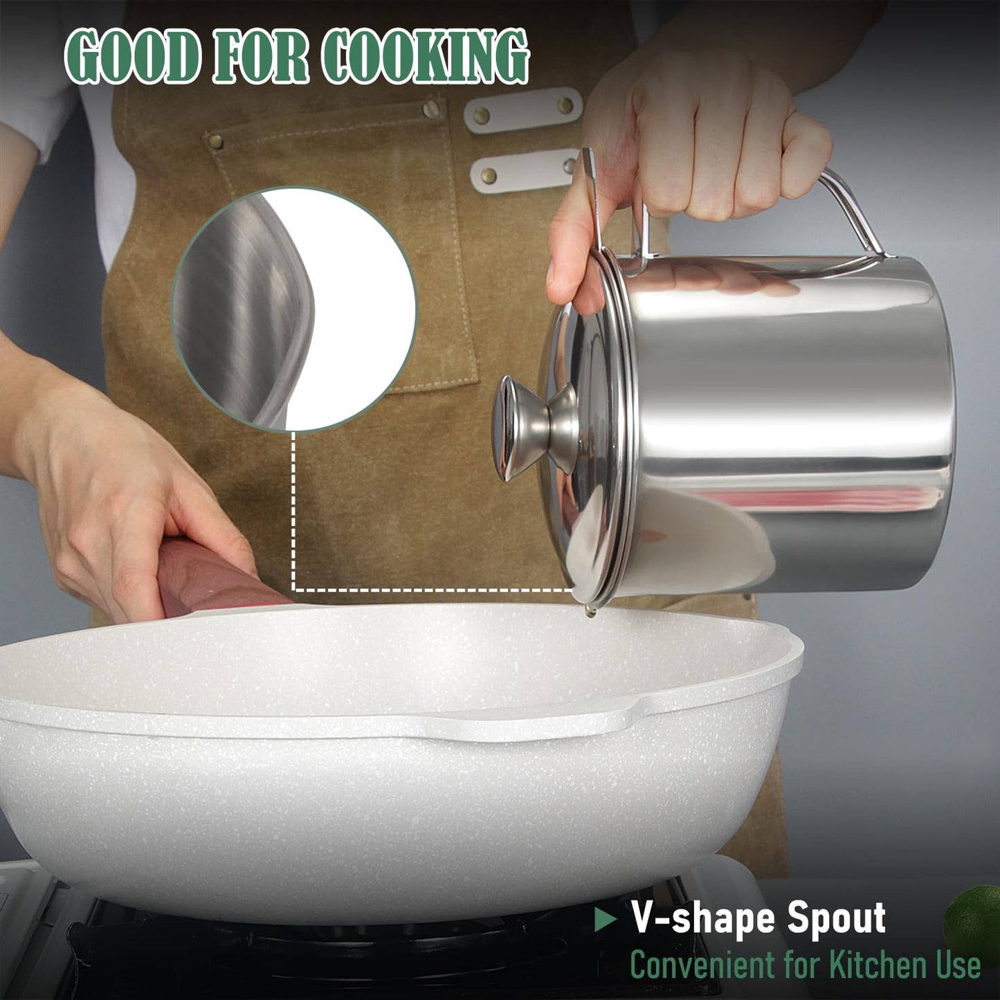 Tellshun Bacon Grease Container with Strainer 1.25 L / 42 oz Strong Kitchen Catcher Food-grade Stainless Steel Cooking Oil Keeper with Lid and Easy-Grip Handle Suitable for Storing Frying Oil