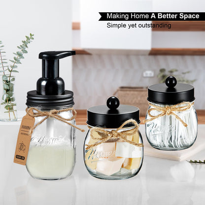 SheeChung Bathroom Accessories Set - Mason Jar Foaming Hand Soap Dispenser, Qtip Holder Set, Rustic Farmhouse Decor, Apothecary Jars, Bathroom Countertop Organizer - Black