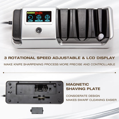 Ceelpeopar Silver Professional 3-Stage Electric Knife Sharpener for Kitchen Knives, LCD Screen, 100% Diamond Abrasive, Adjustable Rotational Speed, Precision Angle Guides for All Kitchen Knives