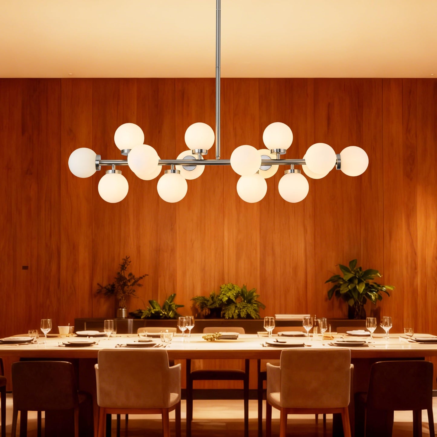 Linear Chandeliers Modern Brushed Nickel Chandeliers for Dining Room 16-Lights and White Glass Pendant Lighting Mid Century Globe Dining Light Fixture for Living Room Kitchen