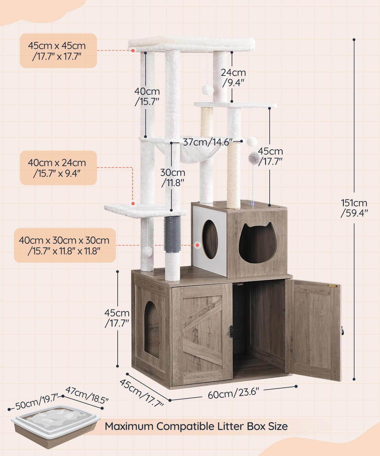 HOOBRO Cat Tree with Litter Box Enclosure Indoor, Wooden Cat Tower with Scratching Posts, Litter Box Furniture Hidden, All-in-One Cat House, Greige BG15MZ03-BG51MZ03
