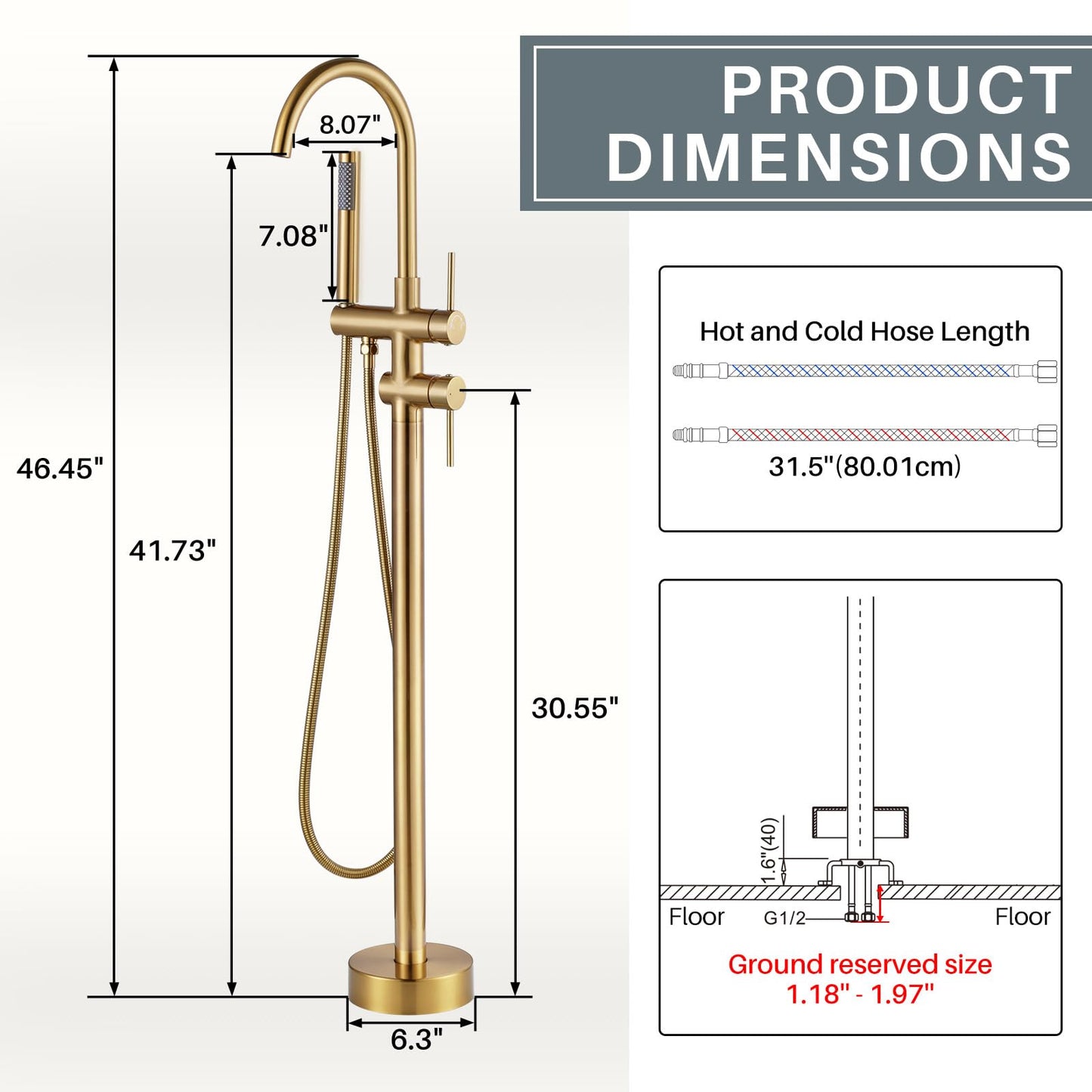 Freestanding Tub Filler Faucet, Floor Mount Brushed Gold Bathtub Faucet with Single Handheld Shower, Brass Shower Tub Faucet Set Complete, Bathtub Faucet with Shower