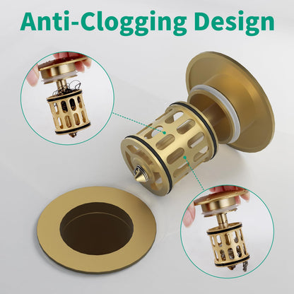 HEROBAI Bathroom Pop up Drain Without Overflow, Anti-Clogging Vessel Sink Drain Strainer, Pop Up Drain with Detachable Basket, Hair Catcher Bathroom Sink Drain Stopper(Brushed Gold, No Overflow)
