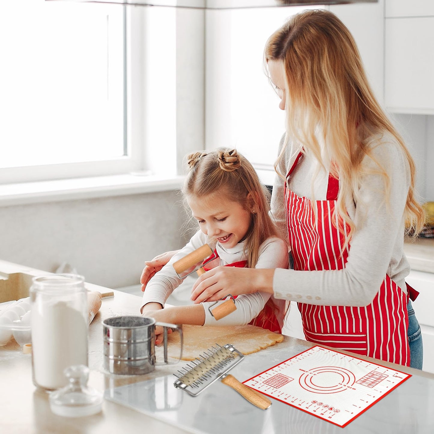 Elesunory 3pcs Pizza Tool Set, Include Pizza Docker, Pizza Dough Roller and Silicone Baking Mat, Dough Docker, Non Slip Baking Mat, Wooden Rolling Pin for Pizza, Cookie, Pie, Pastry, Bread