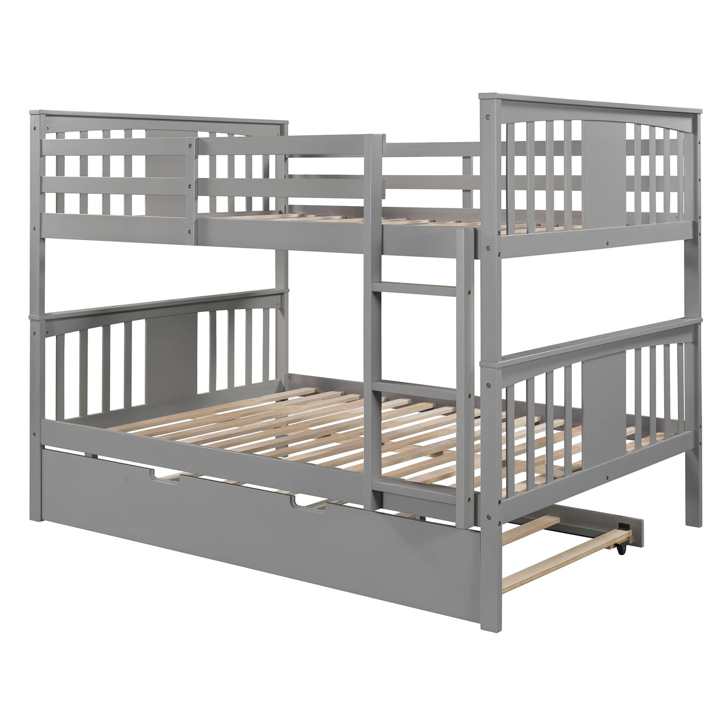 Ball & Cast Full Over Full Bunk Bed with Twin Size Trundle and Ladder,Wood Bunkbed w/Slat Support & Full-Length Guard Rail,Space Saving,Bedframe Furniture for Student Dorms,Studio,Gray