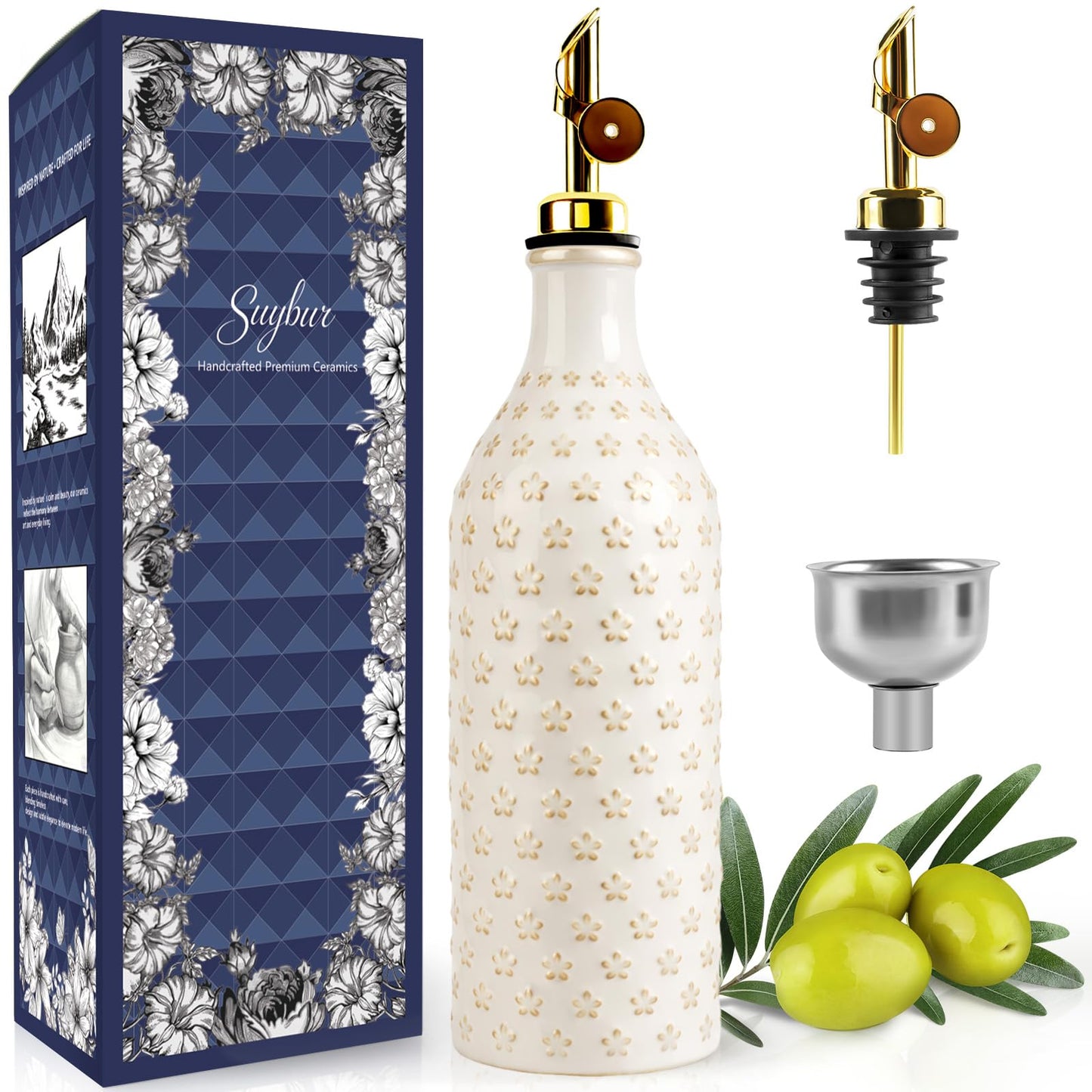 Suybur Ceramic Olive Oil Dispenser Bottle for Kitchen with Gravity Spout, 19 oz Opaque Relief Oil Cruet with Funnel, Oil Container for EVOO, Vinegar, and Soy Sauce (Petal Design)