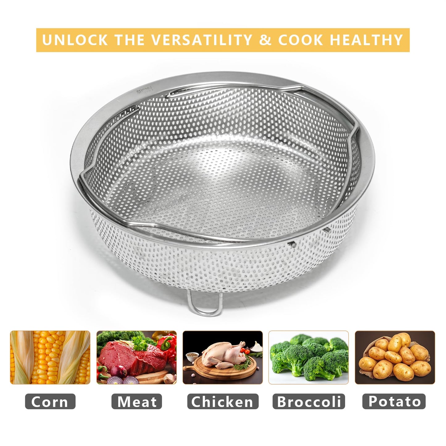 ICEICE Stainless Steel Steamer Basket - Vegetable & Dumpling Steamer Insert for Pots, Instant Pot Accessories with Handles & Feet, Multi-Purpose Mesh Strainer for Cooking, Fruits (Silvery, Small)