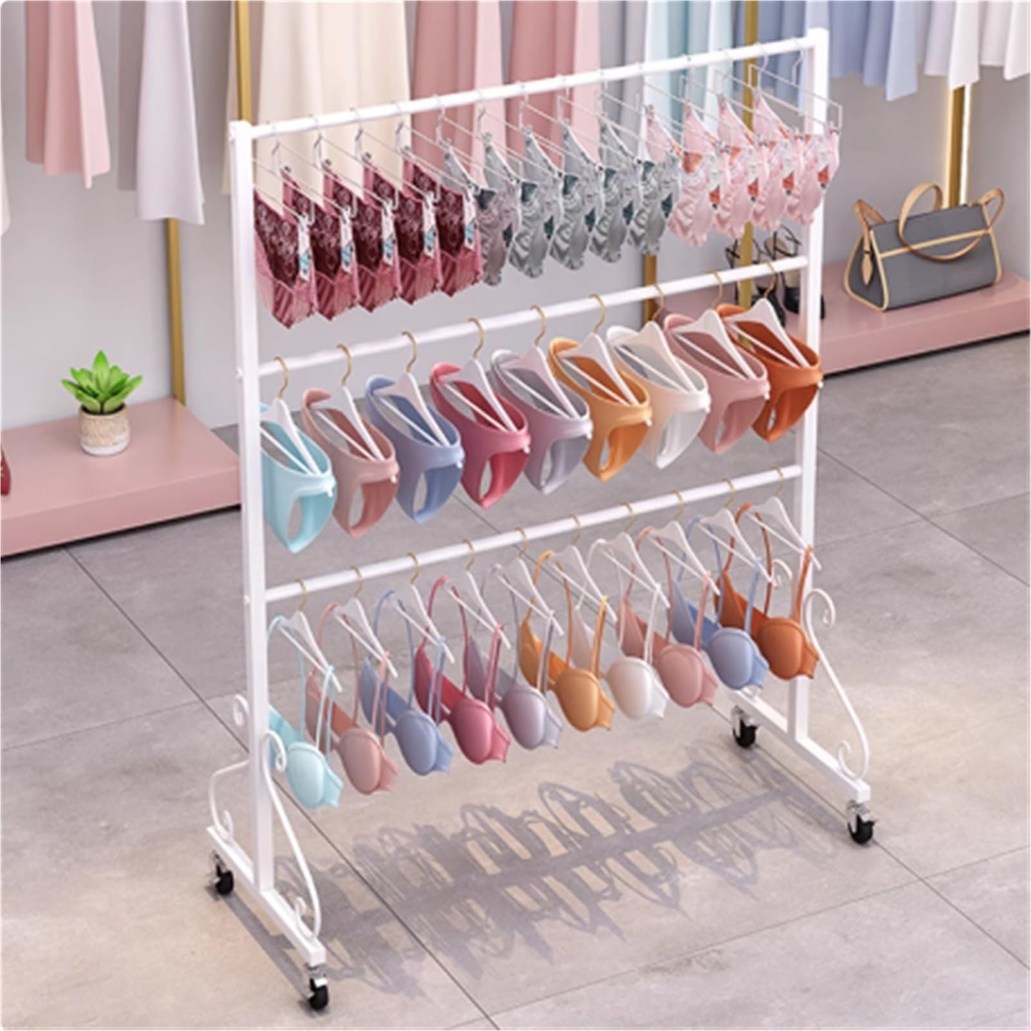 3 Tier Underwear Display Stand, Anti-Slip, Lingerie Bra Rack with Wheels, Metal, Retail Showshelves, Commercial Clothing Store Shelf, for Shorts,Hats, Sock(Gold,120 * 40 * 130cm)