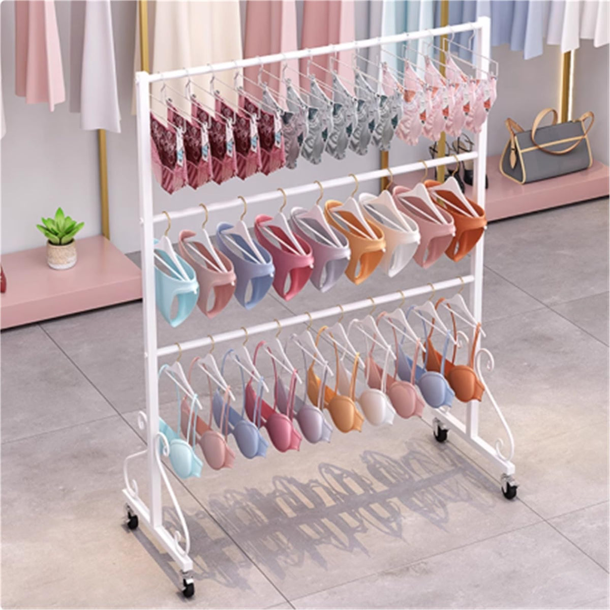 Mobile Lingerie Bra Rack Swimsuit Organizer Hanger, Anti-Slip, Underwear Display Stand with Wheels, Commercial Clothing Store Shelf, for Shorts,Hats, Sock, 3 Tier(White,80 * 40 * 130cm)