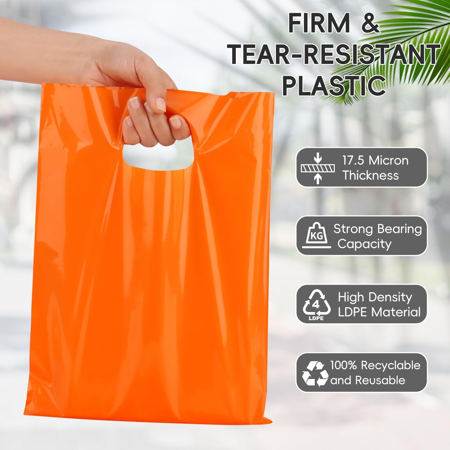 POPGIFTU Orange Plastic Bags with Handles 100 Pack, 9x12 Party Bags Bulk for Events, Halloween Treat Bags, Retail Shopping Bags, Small Business Supplies