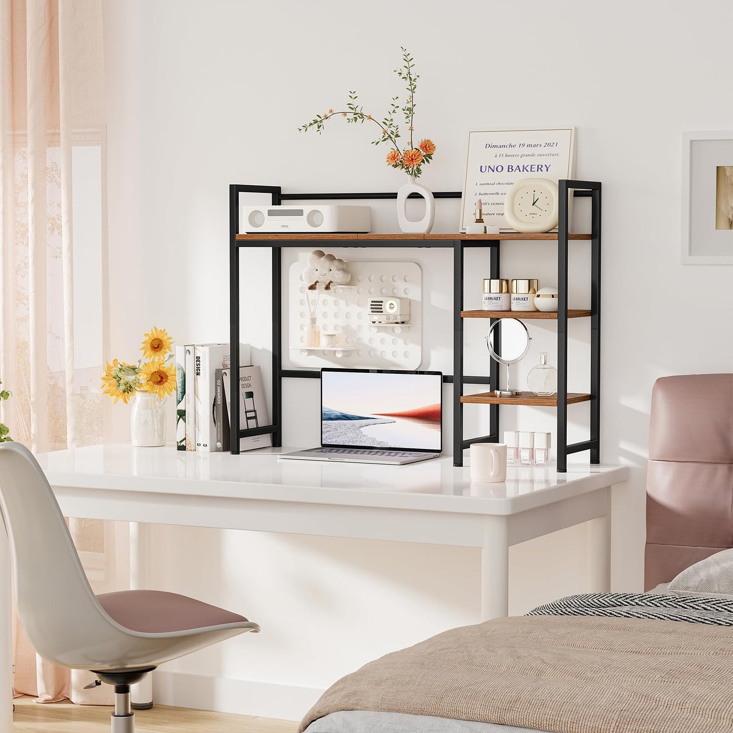 Snughome Desk Shelf, 38.6" Desktop Organizer Shelf, Desk Hutch for Computer Monitor, 4 Tier Desktop Display Rack, Wood Desktop Bookshelf Storage Rack for Home Office Dorm, Rustic Brown