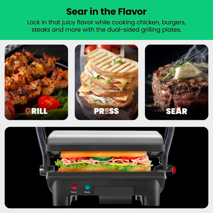 Chefman Electric Panini Press Grill, Compact 2-Slice Sandwich Maker, Non-Stick Coated Plates, Opens 180 Degrees, Dishwasher Safe, Removable Drip Tray, Stainless Steel/Black