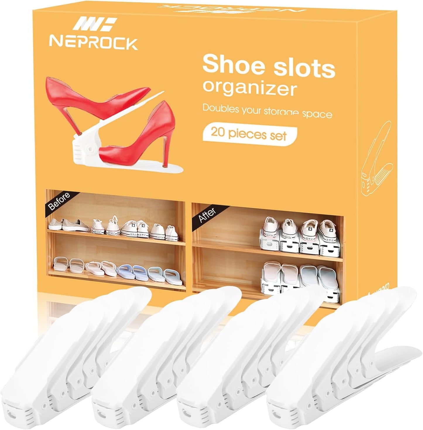 20 Pack Closet Neprock Shoe Slots Organizer, Adjustable Shoe Rack Stacker Storage Space Saver, Double Deck Shoe Rack