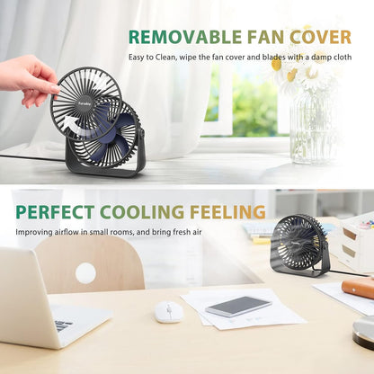 FARADAY USB Desk Fans, 5 Inches Portable Table Fans with 360° Head Rotation for Home Office, 3 Speeds, Black