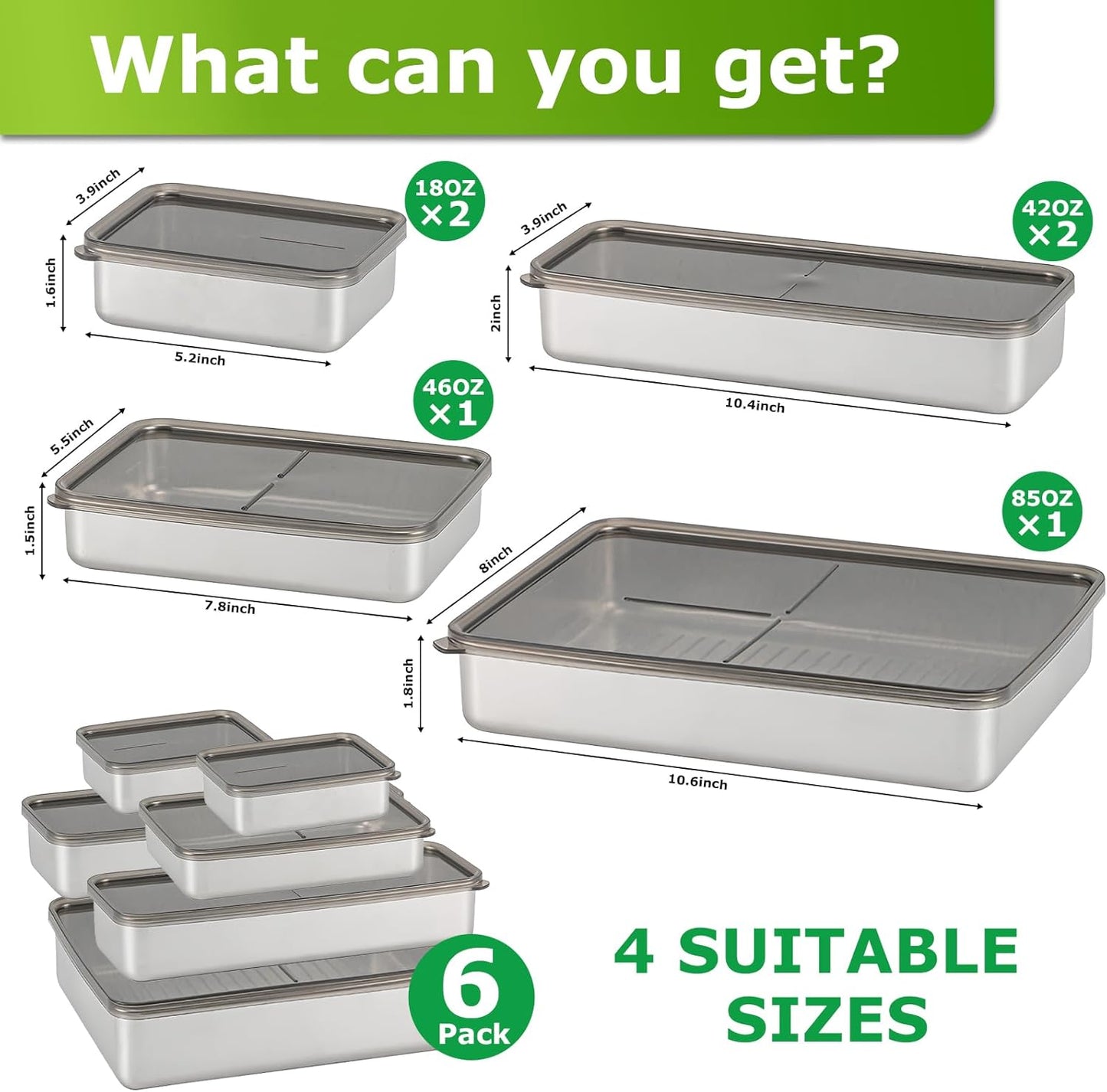 spaclatio 6 Pack 304 4 Sets Bacon Cheese Container for Refrigerator, Stainless Steel Airtight Deli Meat Storage