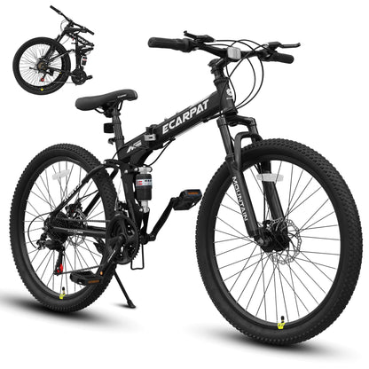 Ecarpat 26 Inch Folding Mountain Bike, 21 Speed Full Suspension High-Carbon Steel MTB, Dual Disc Brake Foldable Bicycle, Folding Bikes for Adults Men Women
