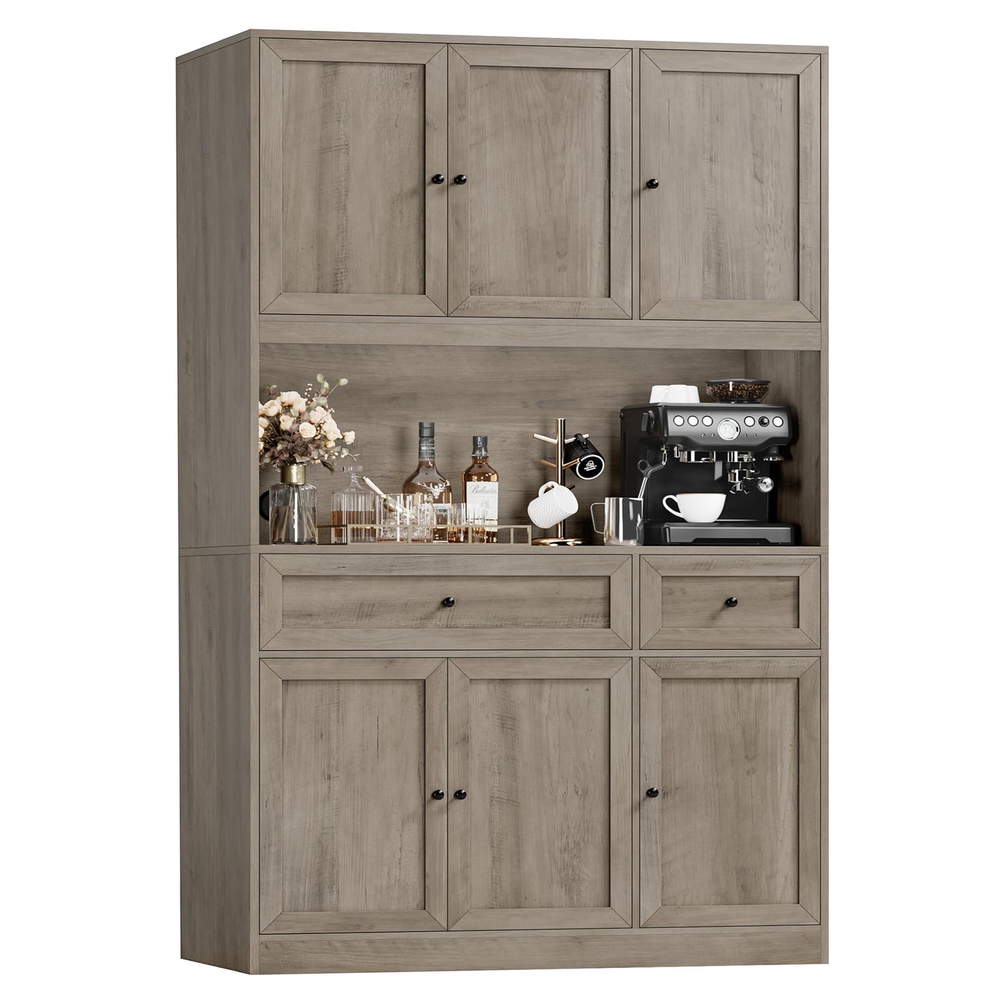 BOTLOG 72" Kitchen Pantry Cabinet, Kitchen Hutch with Microwave Stand, Buffet Cabinet with Hutch for Dining Room, Ash Gray