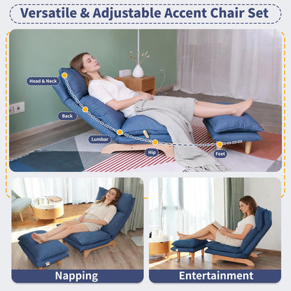 Dark Blue Lazy Floor Lounger with Ottoman, Adjustable Floor Chair Bean Bag Style Tatami Sofa with Thick Cushions and Back Support, Comfy Lounge Seating for Adults, Gaming & Bedroom Relaxation