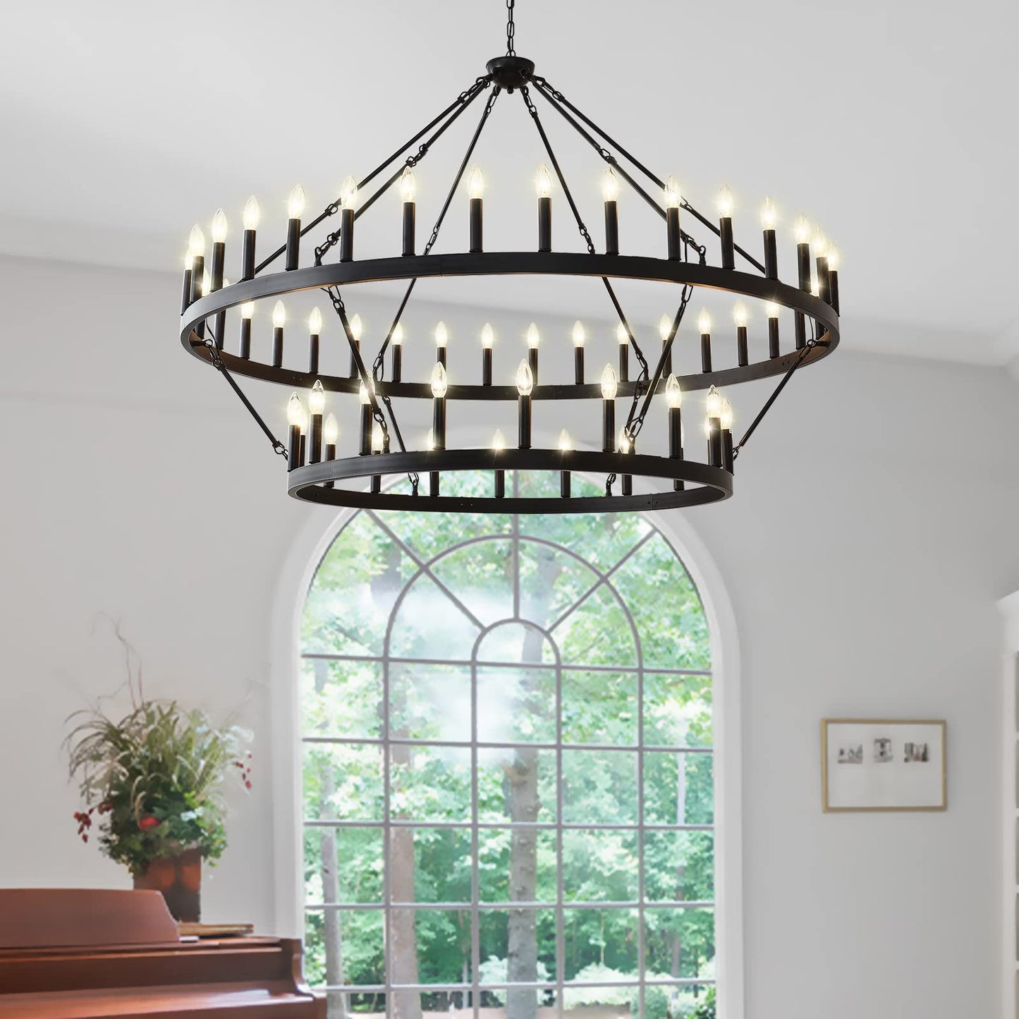 Yikrfiae 2 Tier Black Large Wagon Wheel Chandelier, 54-Lights 60 Inch Farmhouse Pendant Light Fixture, Round Rustic Hanging Lighting for Dining Room Kitchen Island Foyer Entryway