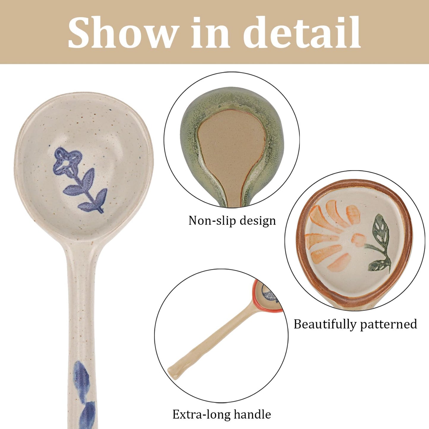 JANKOW 4 Pack Japanese Ceramic Soup Spoons, Slightly Larger Long Handle Design, Hand-Painted Porcelain Spoons for Miso, Wonton, Dumplings (Secure Packaging)