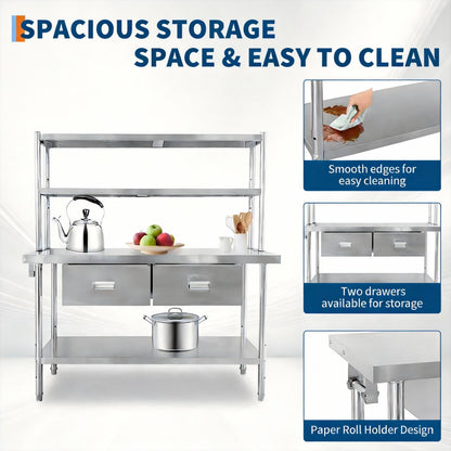 Garvee Stainless Steel Table with Shelves and Drawers, 48" X 24" Commercial Work Tables with 2-Tier Overshelves, Metal Kitchen Prep Table for Home Restaurant Garage, Commercial Workbench