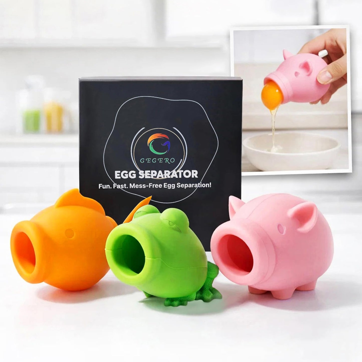 GEGERO Egg Yolk Separator, Food Grade Silicone, Dishwasher Safe Kitchen Gadget for Cooking/Baking. Swallow and Release Raw Egg Yolk from White, Quick & Mess-free, Pack of 3 (Pig, Fish & Frog Design)
