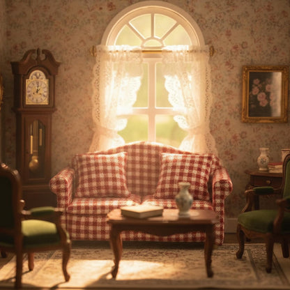 Dollhouse Couch Miniature Sofa with Pillows Dollhouse Living Room Funiture 1:12 Scale Model 3 Pcs High Simulation Upholstered Wooden Fabric Armchair Mini Room Artificial House Scene Decoration (Plaid)