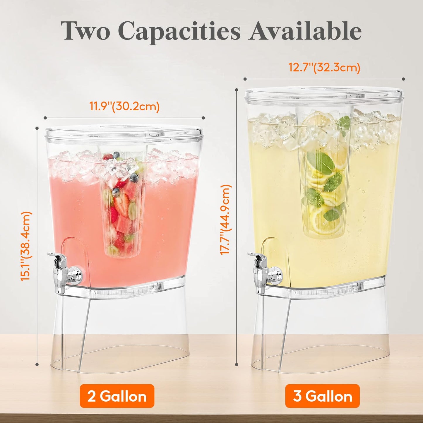 Lifewit 2 Gallon Drink Dispenser for Parties 2 Pcs, Large Plastic Beverage Container for Juice/Tea/Soda with Stand & Ice Core, Clear Lemonade Dispenser with Spigot, BPA Free Water Pitcher for Hosting
