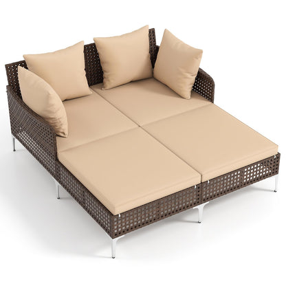 Tangkula Outdoor Rattan Double Daybed, Boho Wicker Chaise Lounge for 2 with Seat & Back Cushions, Outdoor Sunbed Loveseat with Metal Support for Backyard, Poolside & Deck (Brown)