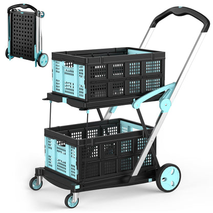 Foldable Shopping Cart, 200 lbs Capacity Grocery Cart on Wheels with Two Collapsible Crate Heavy Duty Collapsible Carts with Foot Brake for Groceries, Office, Warehouse and Supermarket