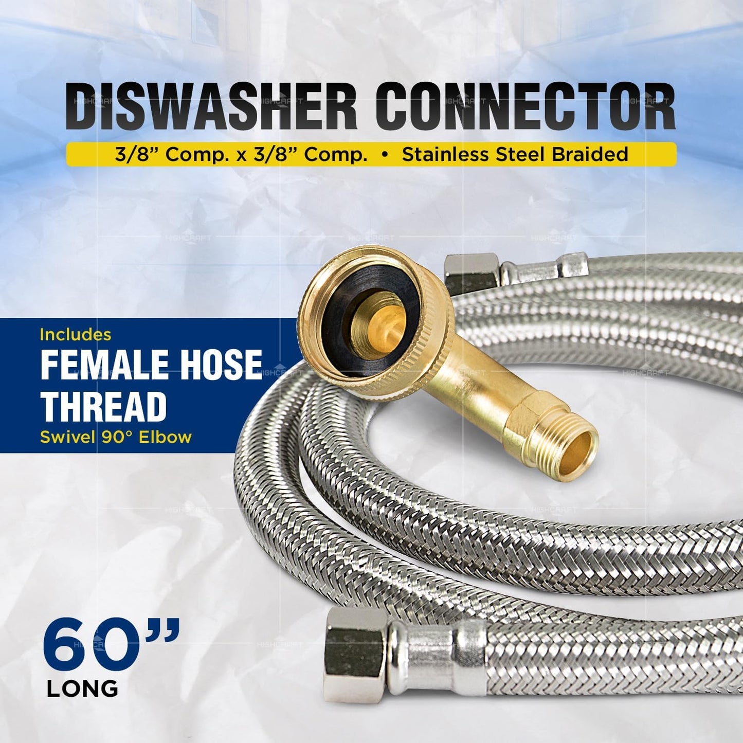CNCT28760-OM Connector, 60 Inch Dishwasher Supply Line with Swivel Elbow, Connects Dishwasher to Water