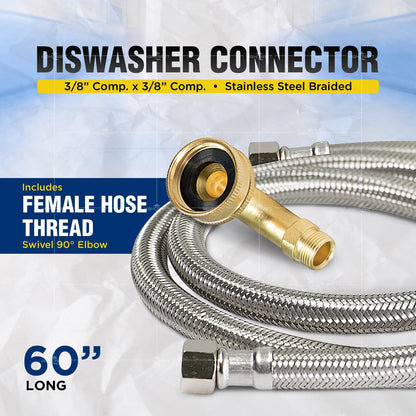 CNCT28760-OM Connector, 60 Inch Dishwasher Supply Line with Swivel Elbow, Connects Dishwasher to Water