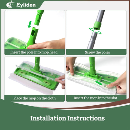 Eyliden Sweeper Mop with 36 Refills - 3 Types of Disposable Dry & Wet Cloths | Lock-Tight Design No Lost Pads, Universal Refills, Multi-Surface Sweeping Starter Kit for Pet Hair, Dust, Floor Cleaning