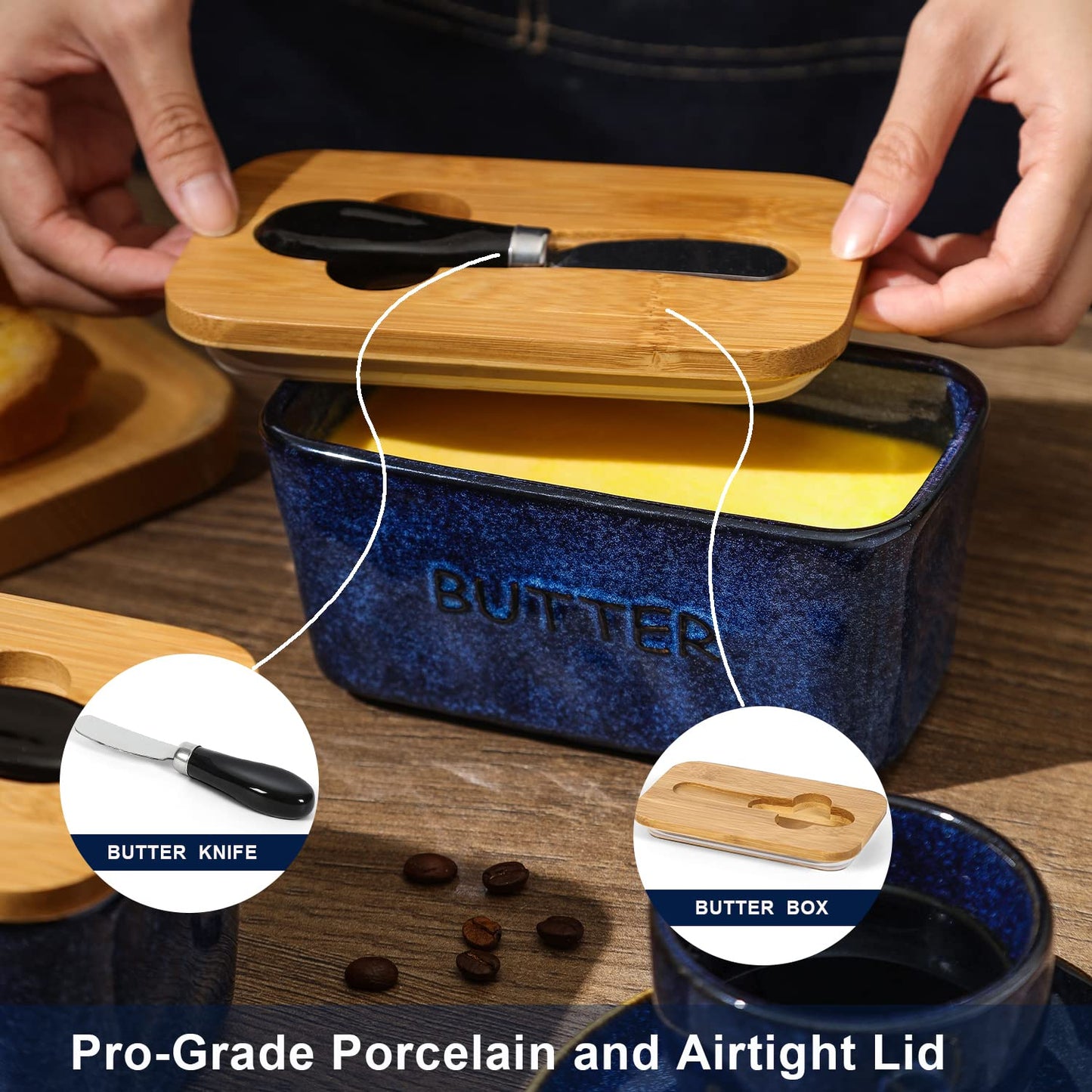 Vicrays Porcelain Airtight Lid Butter Container with Knife - Large Blue Butter Keeper Crock for Countertop