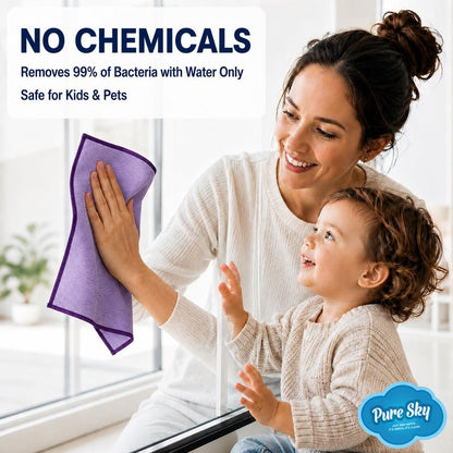 Pure Sky Window & Glass Cleaning Cloth Patented DUO-FECT Technology Streak-Free, No Chemicals, Removes Up to 99% of Bacteria with Water Only Reusable Microfiber Cleaner for Windows, Mirrors, Cars