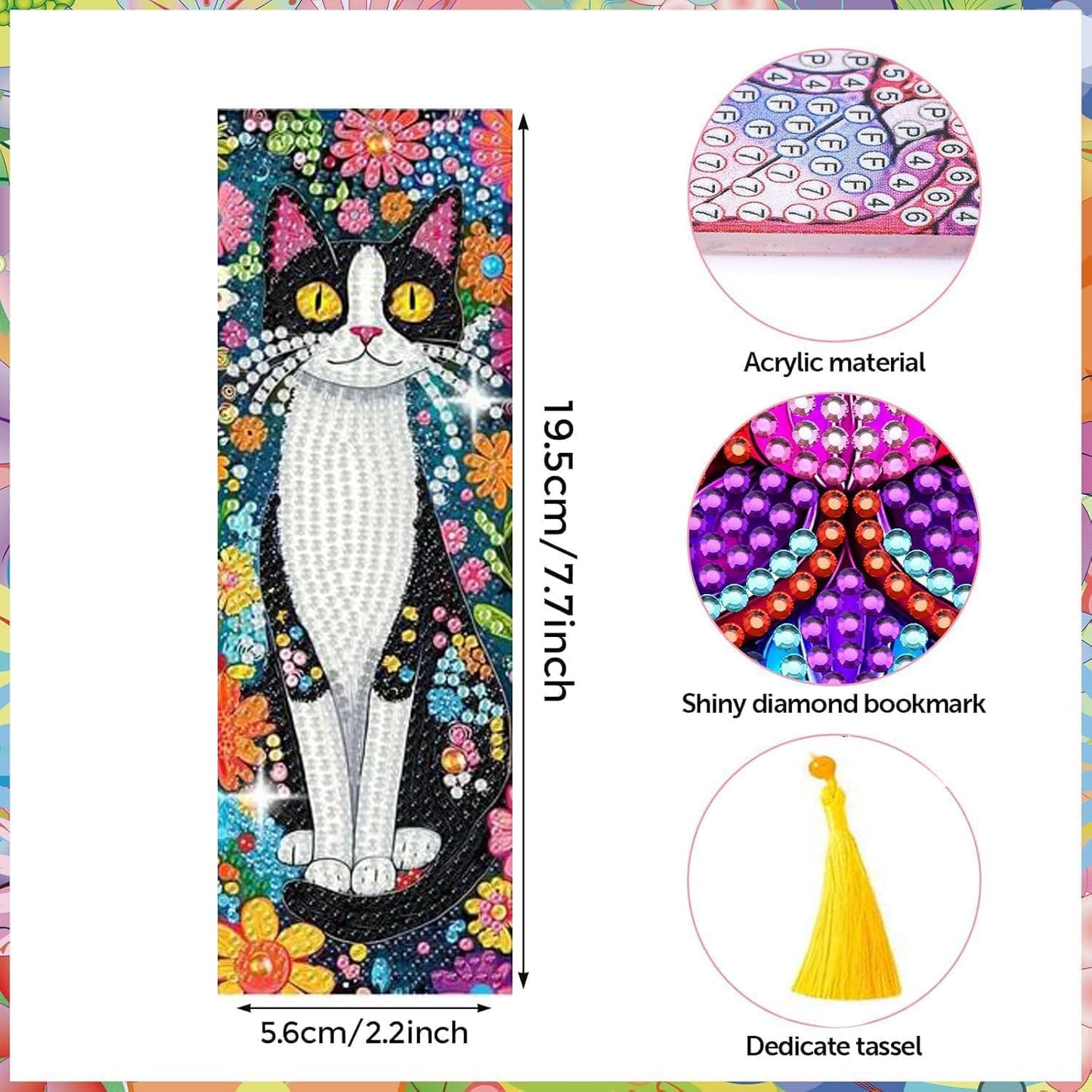 Puraikcmi 6 PCS 5D DIY Diamond Art Bookmarks Kit Cats Diamond Paintings Bookmarks Kits with Tassels Acrylic, Rhinestone Crafts Decoration Gift Set for Book Lovers Beginners & Adults