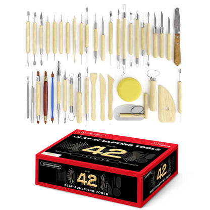 S & E TEACHER'S EDITION 42 Pcs Polymer Clay Tools, Air Dry Clay Tools, Clay Scultping Tools Double-Sided with Smooth Wooden Handles Pottery Craft Carving Molding Shaping