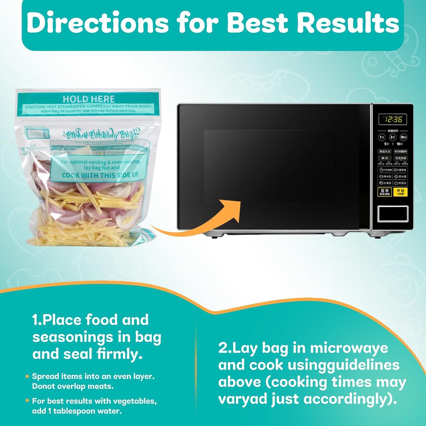 20 Microwave Steam Cooking Bags, Large Size Disposable Bags for Vegetables, Potatoes, Meat, Easy to Use