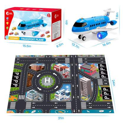 CUTE STONE Toy Airplane with Lights & Sounds, Friction Powered Plane Toy with Mini Cars for Kids, Great Gift for Boys and Girls