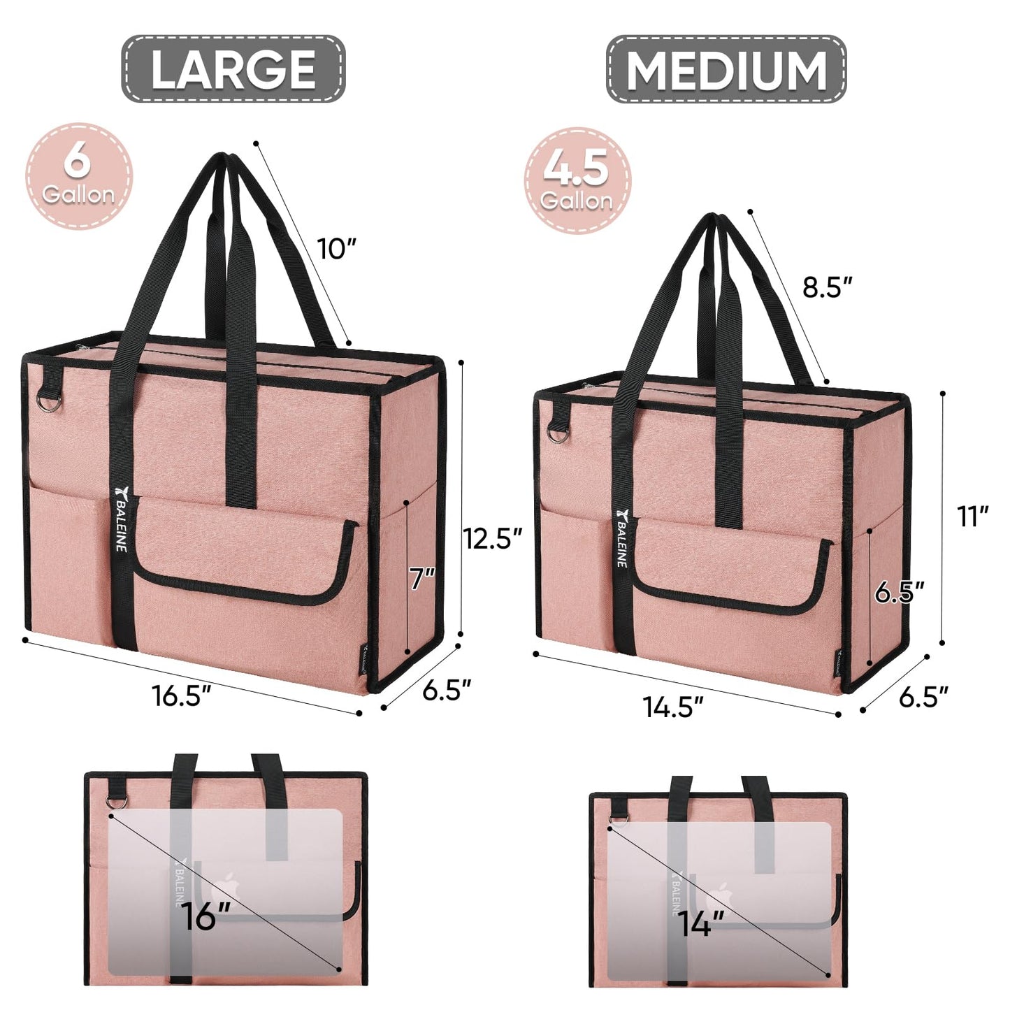 BALEINE Large Utility Tote Bag with Reinforced Bottom, Multi-Pockets and Top Zipper Closure, Perfect for Teachers, Nurses, Travel, Work - Water-Resistant (Medium, Pink)