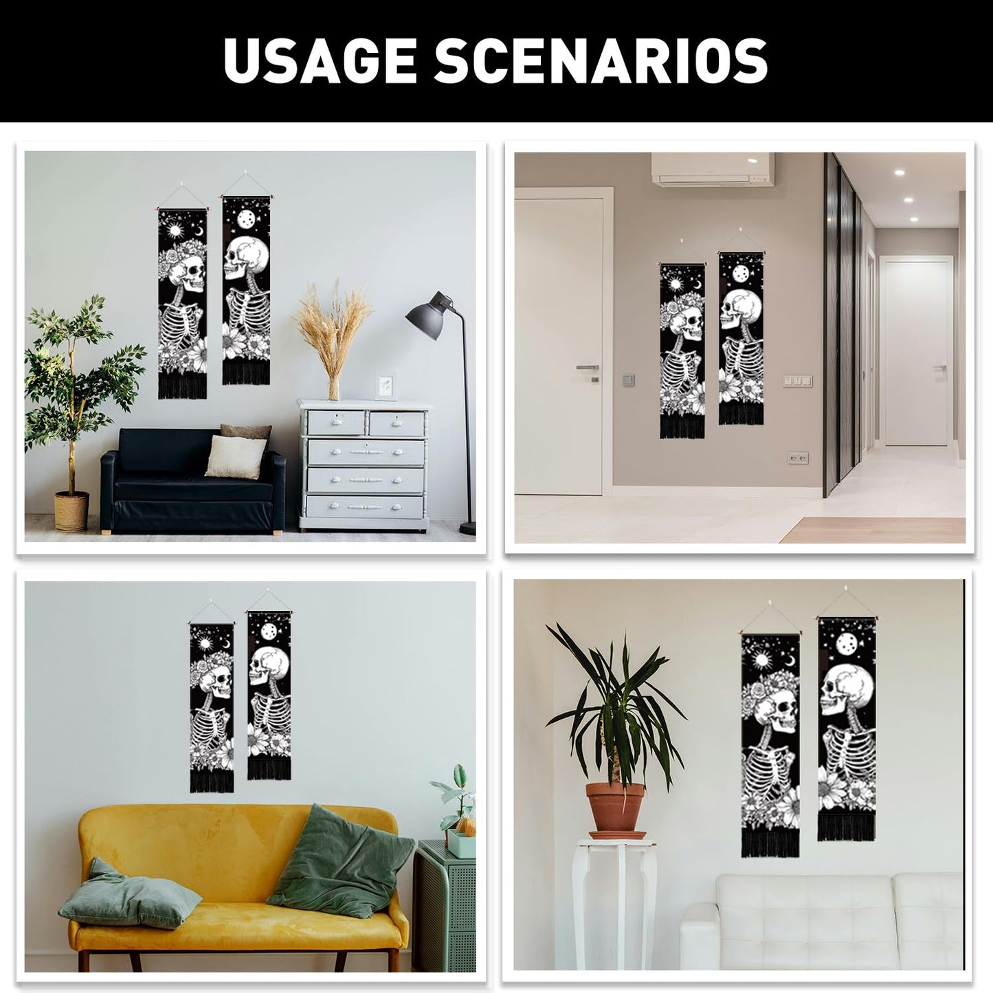 PLIGREAT 2 Pack Skull Long Tapestry Aesthetic Black and White Skeleton Wall Hanging with Tassels Sun Moon Tapestry for Bedroom Bathroom Living Room Long Narrow Wall Hanging Home Art Decor