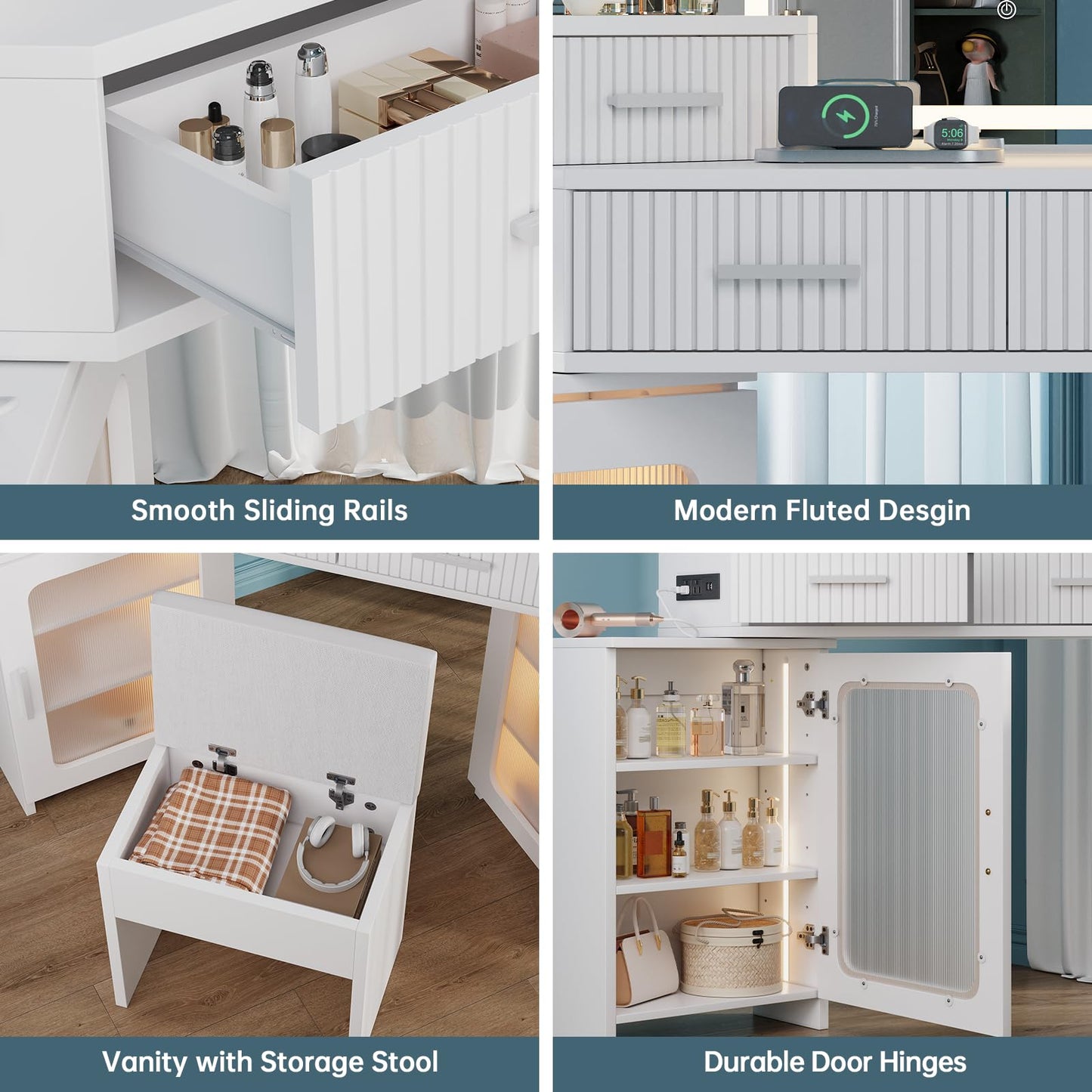 Corner Vanity with Mirror and Lights, Corner Makeup Vanity with 4 Drawers & 2 Cabinets, Vanity Set with Tri-Way Mirrors and Cushioned Stool, Big Vanities with Power Outlet Perfect for Bedroom, White