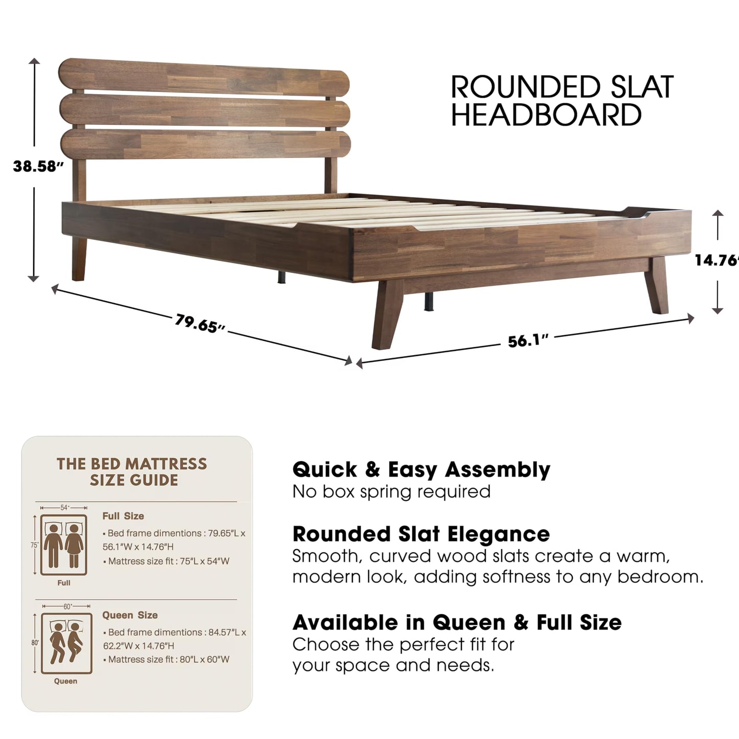 Full Size Solid Wood Platform Bed Frame, Headboard & Footboard, 12 Heavy-Duty Slatted Base, Center Metal Legs, Easy Assembly, No Box Spring Needed, Anti-Slip & Noise-Free, Walnut Finish OZF-37