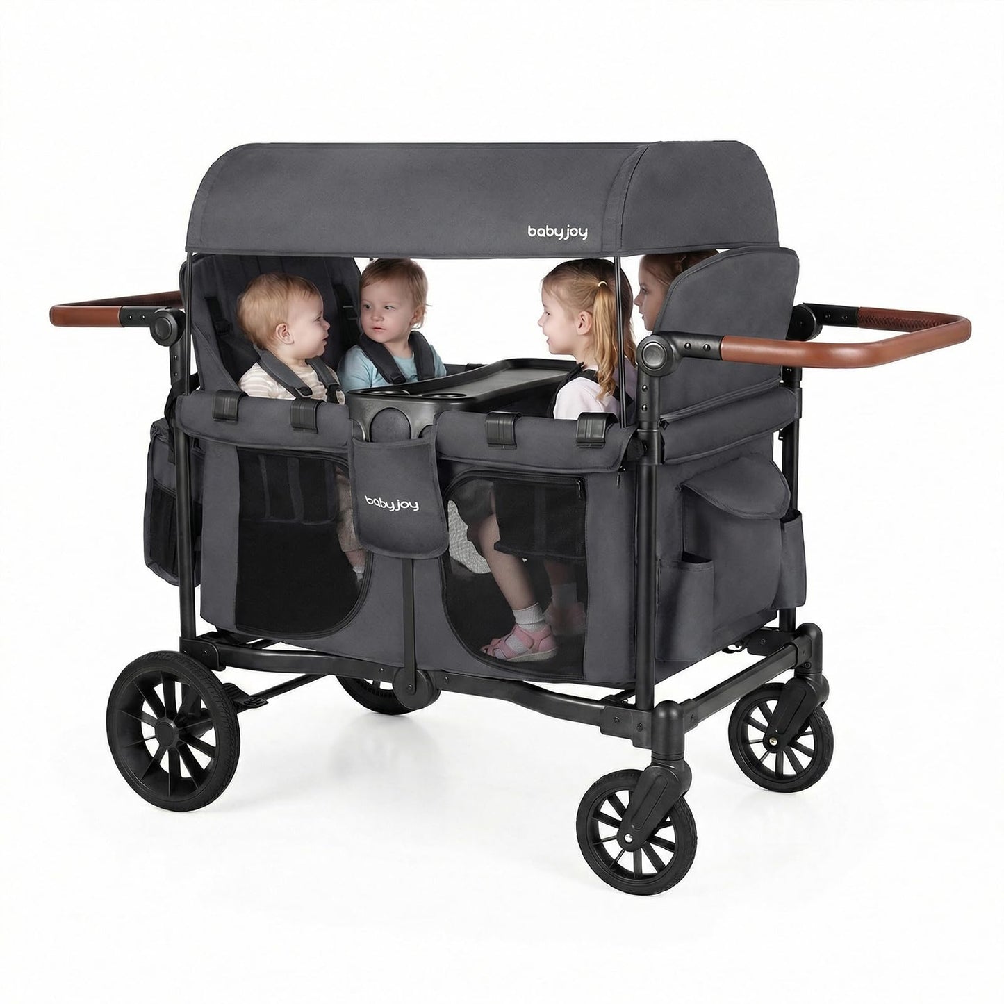 BABY JOY Wagon Stroller for 4 Kids, Foldable Stroller Wagon with Removable Canopy, Adjustable Handle, Snack Tray, Parent Organizer, 5-Point Safety Harness, Convertible Diaper Bag/Changing Pad (Gray)