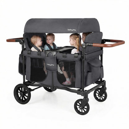 BABY JOY Wagon Stroller for 4 Kids, Foldable Stroller Wagon with Removable Canopy, Adjustable Handle, Snack Tray, Parent Organizer, 5-Point Safety Harness, Convertible Diaper Bag/Changing Pad (Gray)
