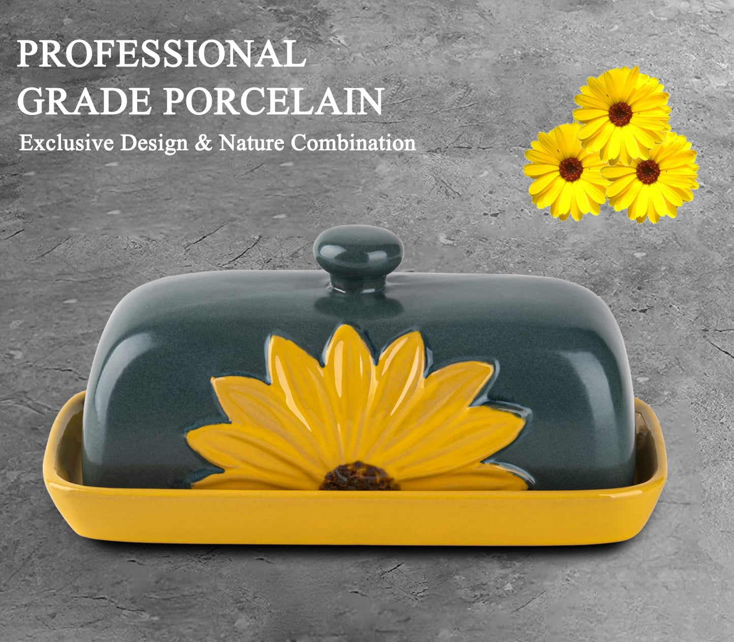 Butter Dish With Lid For Countertop Ceramic Butter Keeper Sunflower Butter Container Butter Holder Tray Large Covered Farmhouse