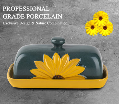 Butter Dish With Lid For Countertop Ceramic Butter Keeper Sunflower Butter Container Butter Holder Tray Large Covered Farmhouse
